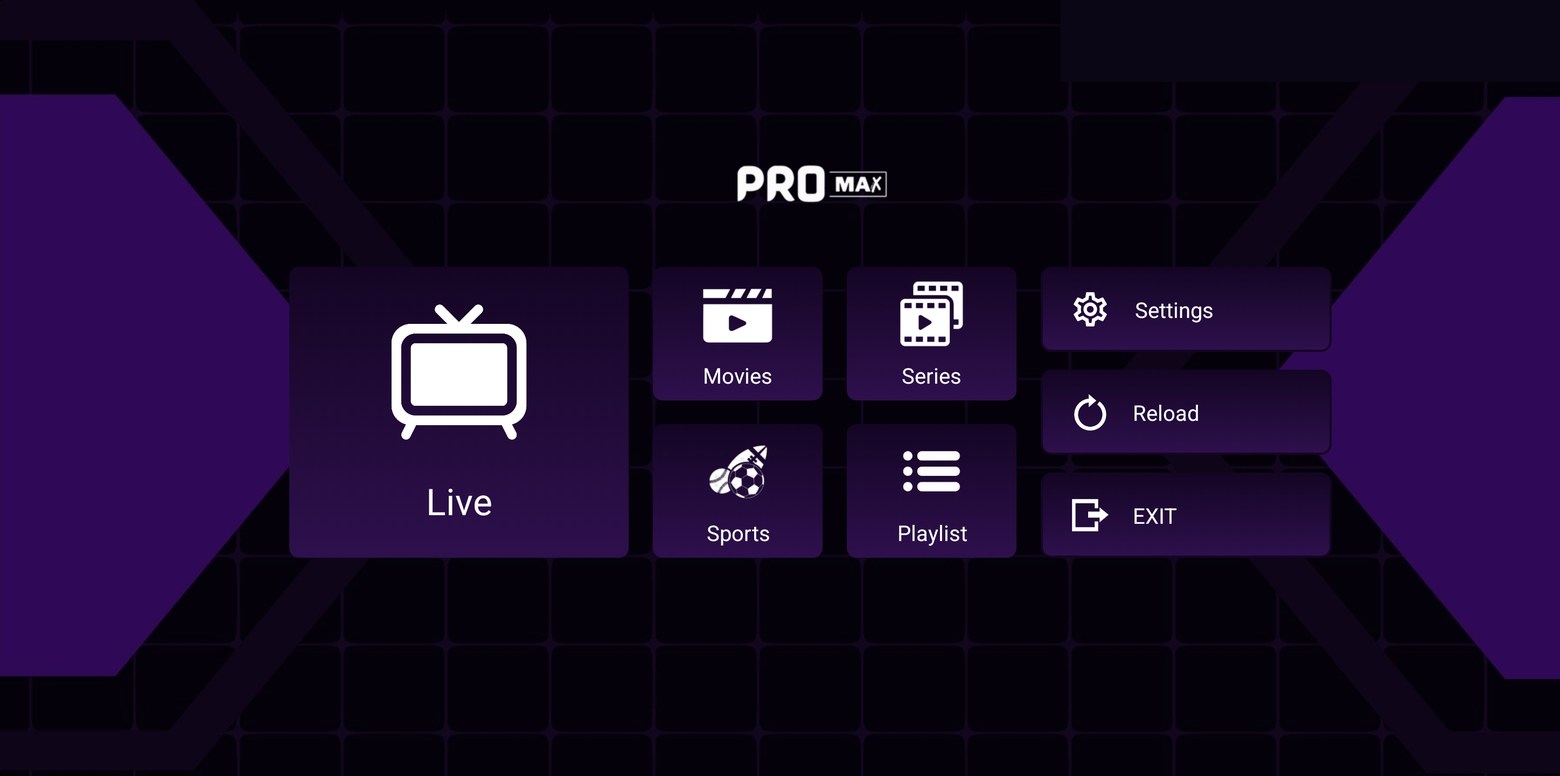 Pro Max home screen with live television, movies and series navigation