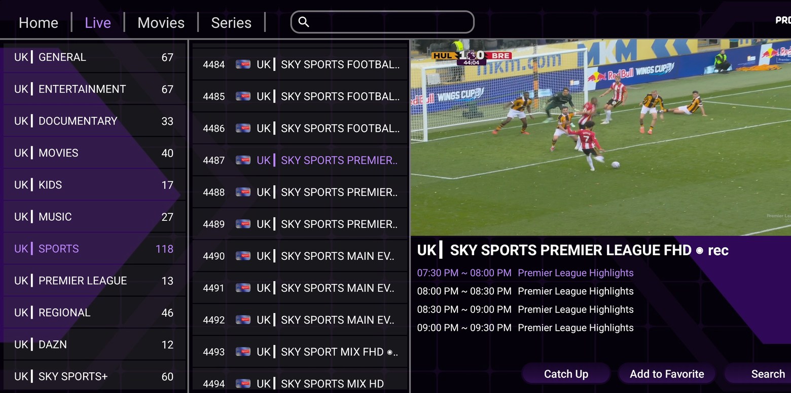 Pro Max live television interface and football categories