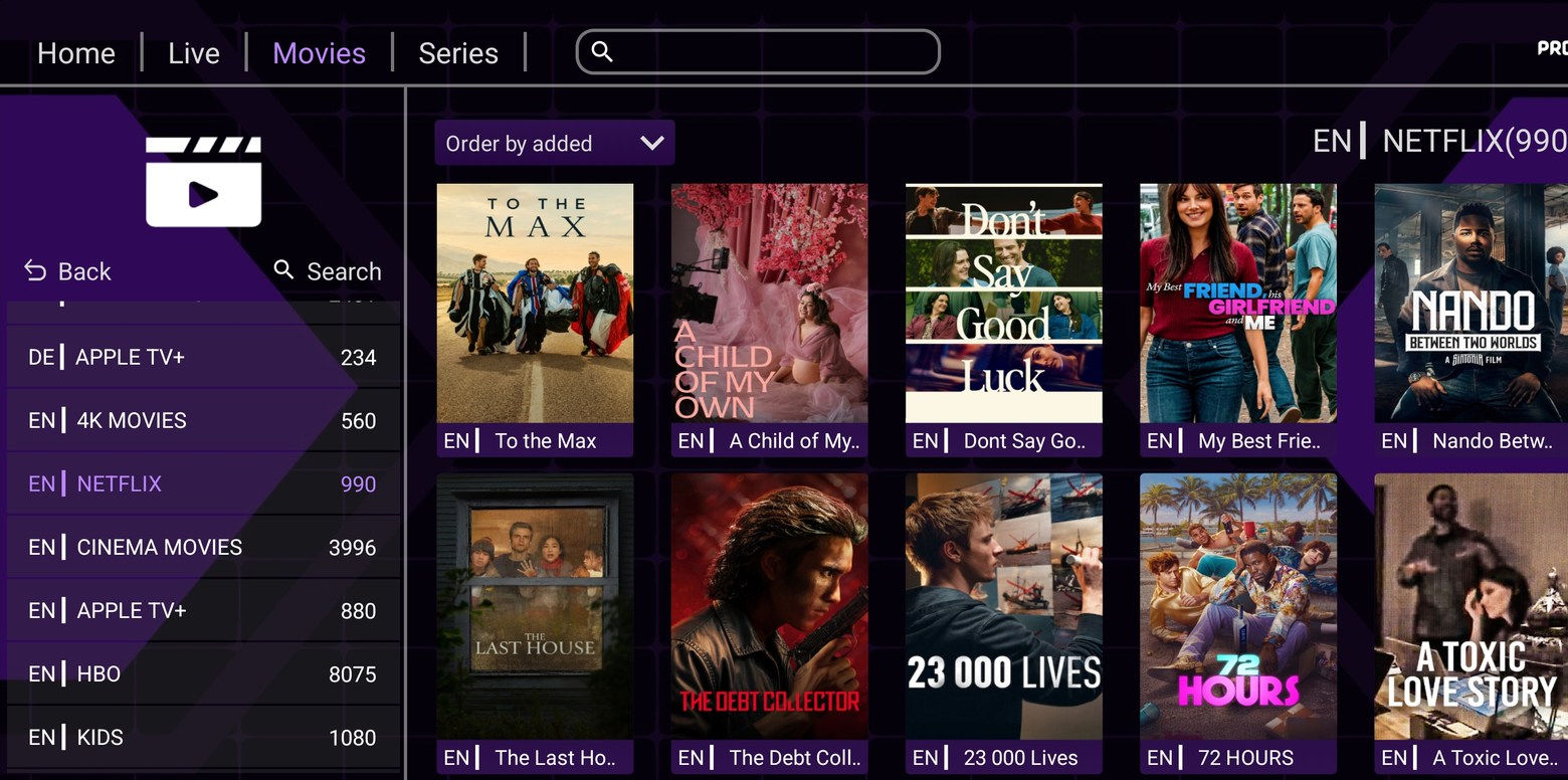 Pro Max movie library interface on the supplied app screenshot