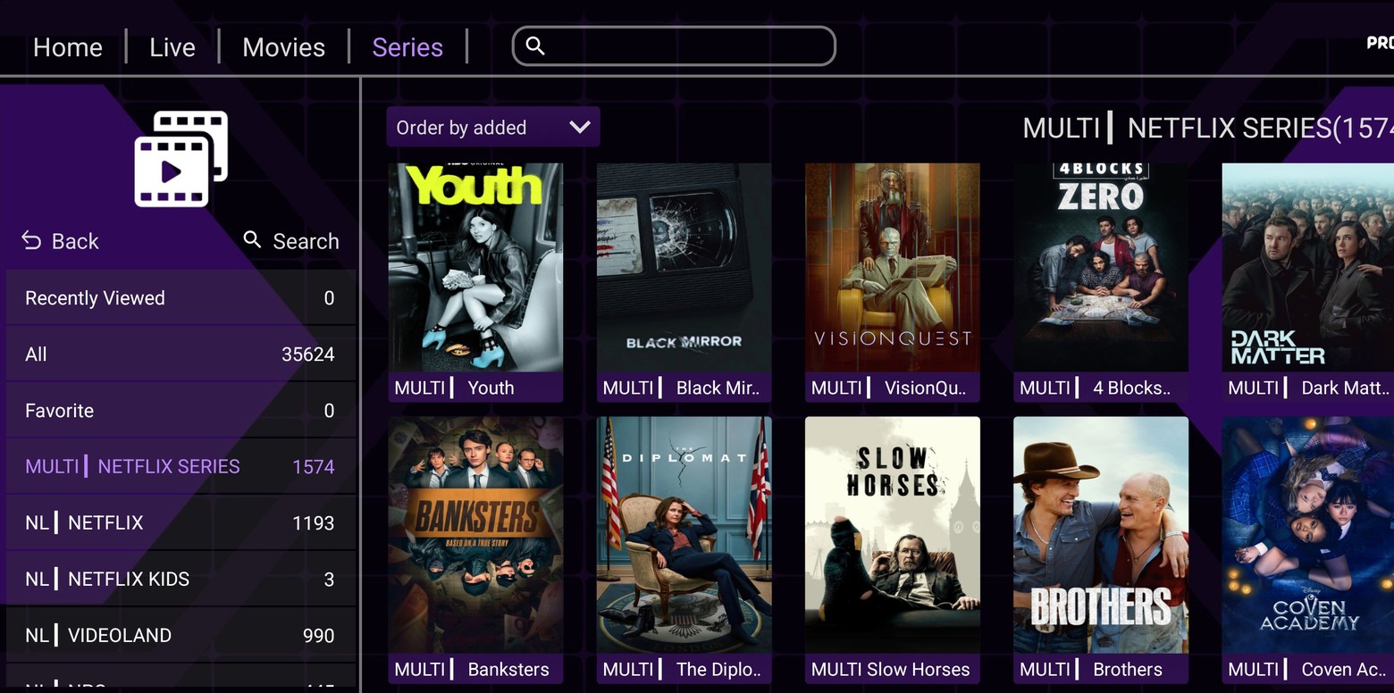 Pro Max series library interface with programme artwork
