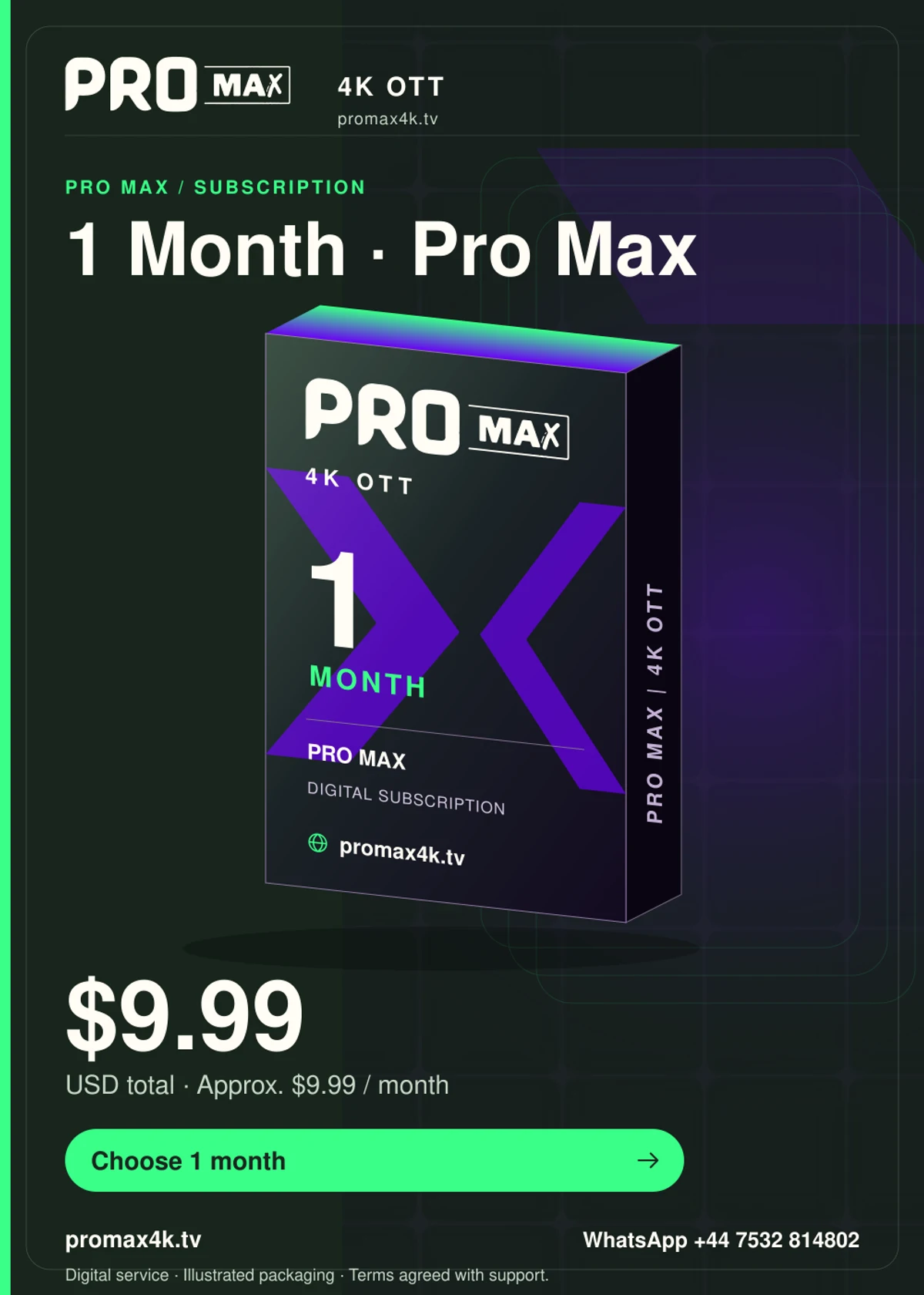 Pro Max 1-month subscription product box for promax4k.tv, priced at $9.99 USD total in portrait format.