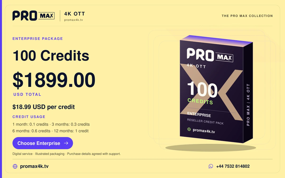 Pro Max Enterprise 100-credit product box: $1899.00 USD total, $18.99 per credit.