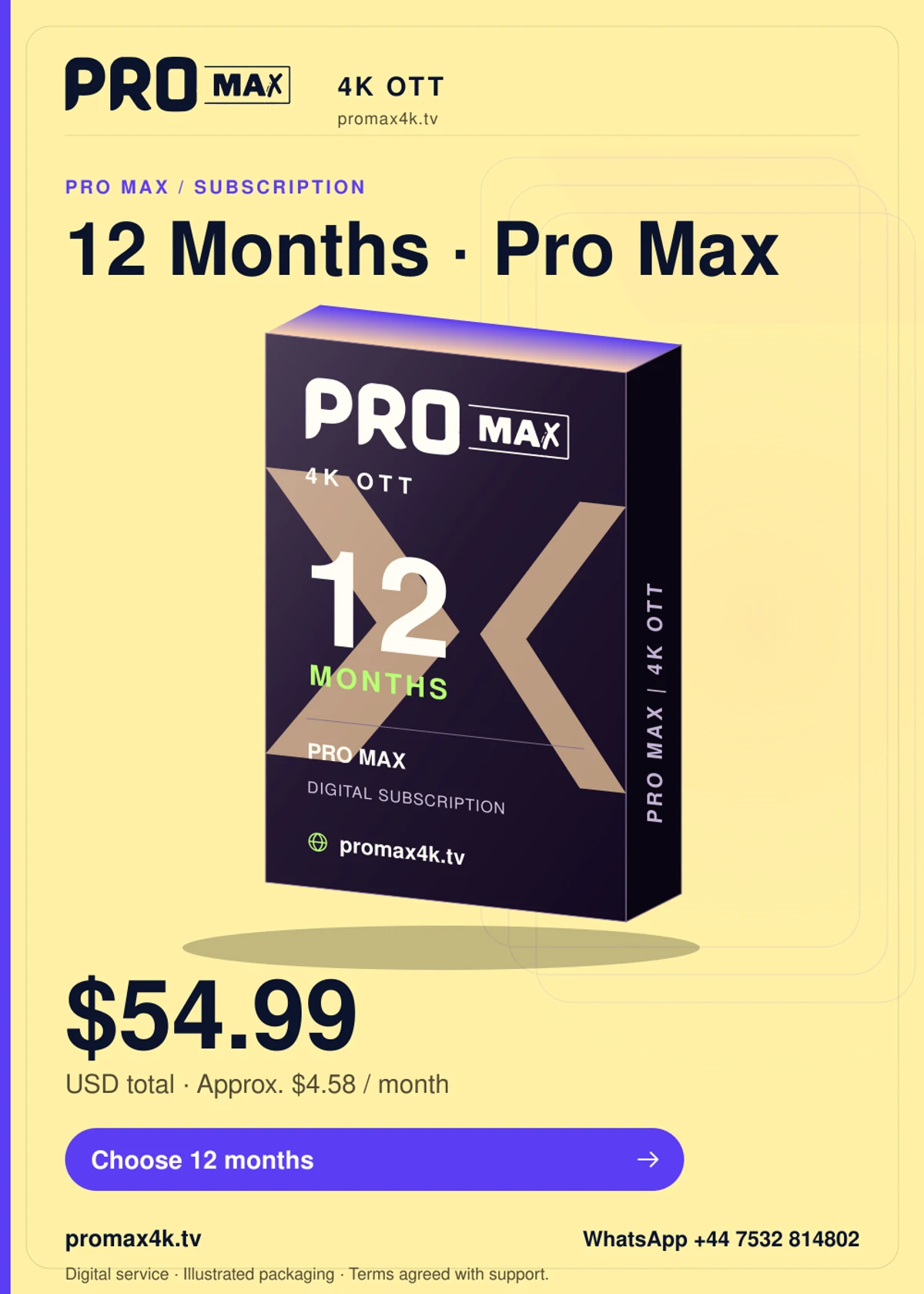 Pro Max 12-month subscription product box for promax4k.tv, priced at $54.99 USD total in portrait format.