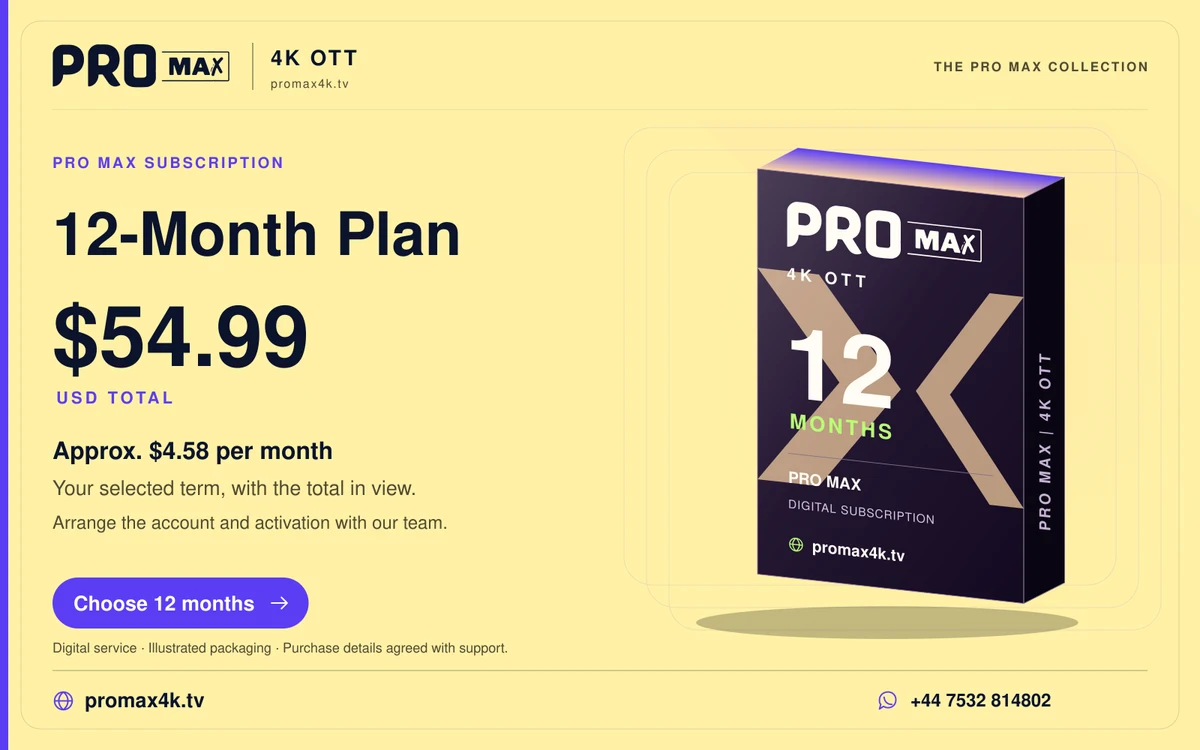 Pro Max 12-month subscription product box for promax4k.tv, priced at $54.99 USD total.