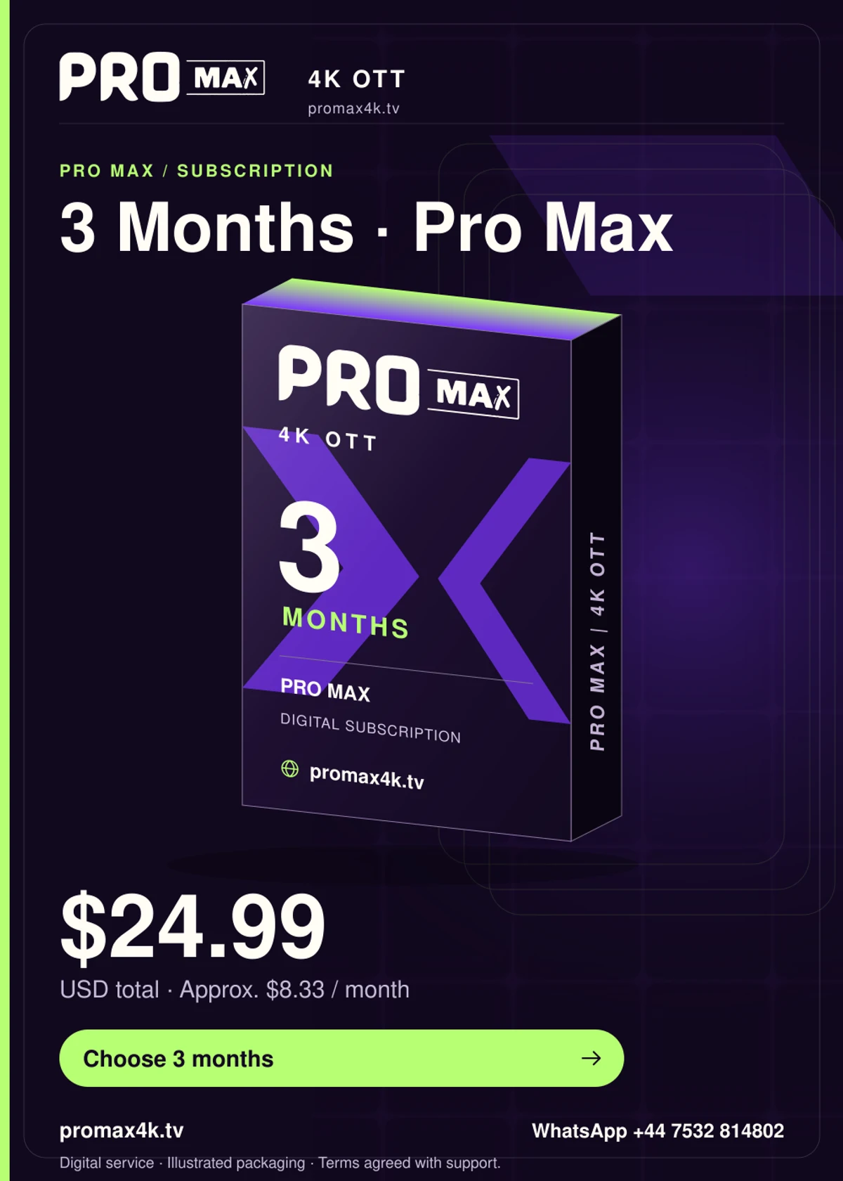 Pro Max 3-month subscription product box for promax4k.tv, priced at $24.99 USD total in portrait format.