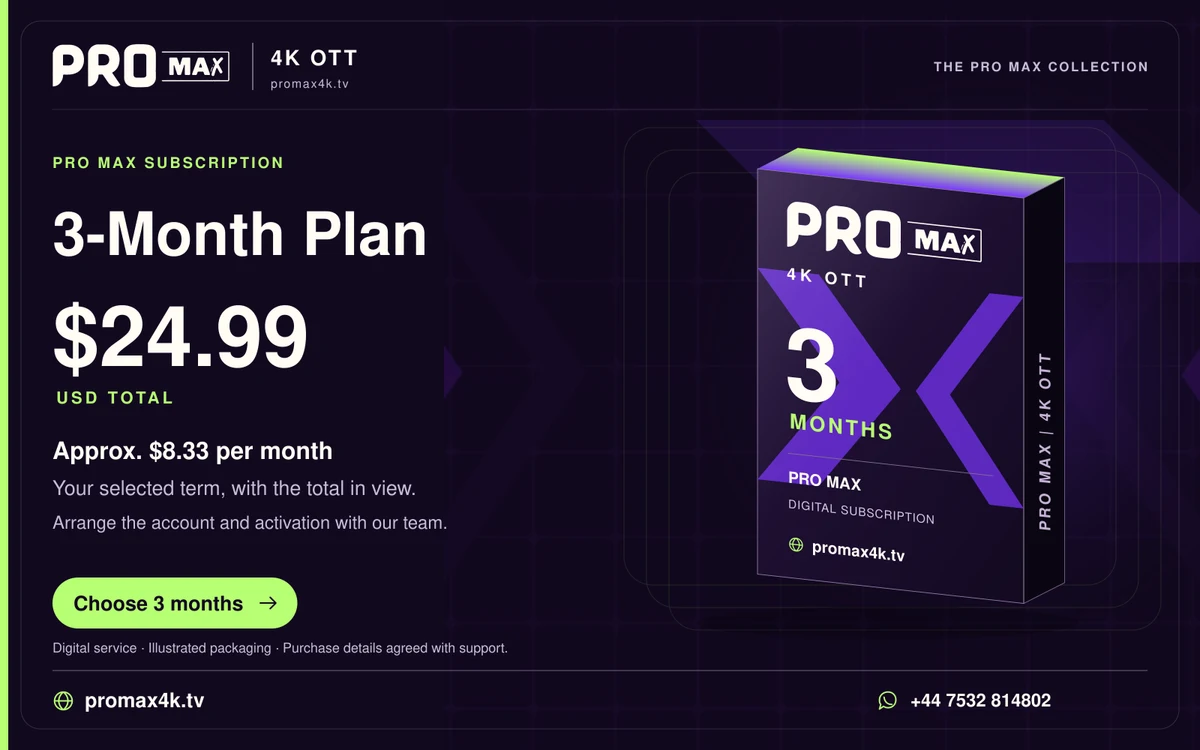 Pro Max 3-month subscription product box for promax4k.tv, priced at $24.99 USD total.