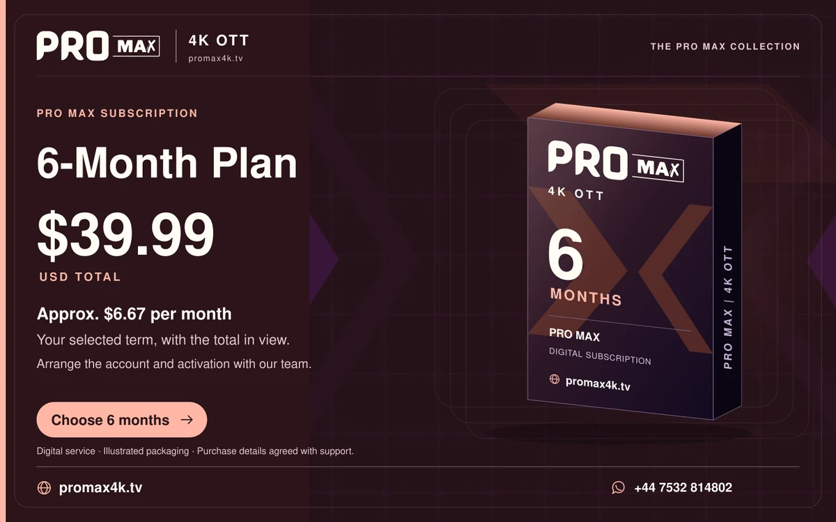 Pro Max 6-month subscription product box for promax4k.tv, priced at $39.99 USD total.