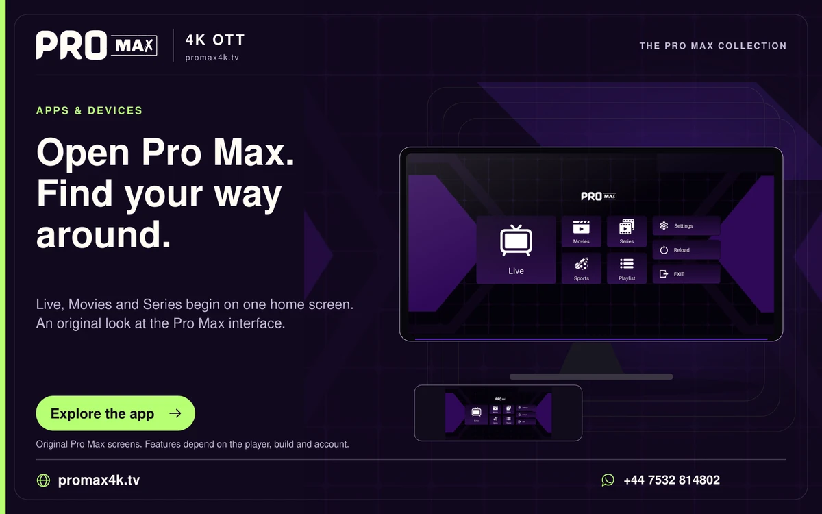 Pro Max home screen on a television, with Live, Movies and Series navigation tiles.