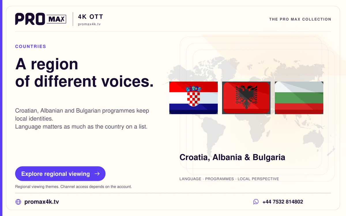 Croatia, Albania and Bulgaria flags against a world-map background in a Pro Max regional television card.