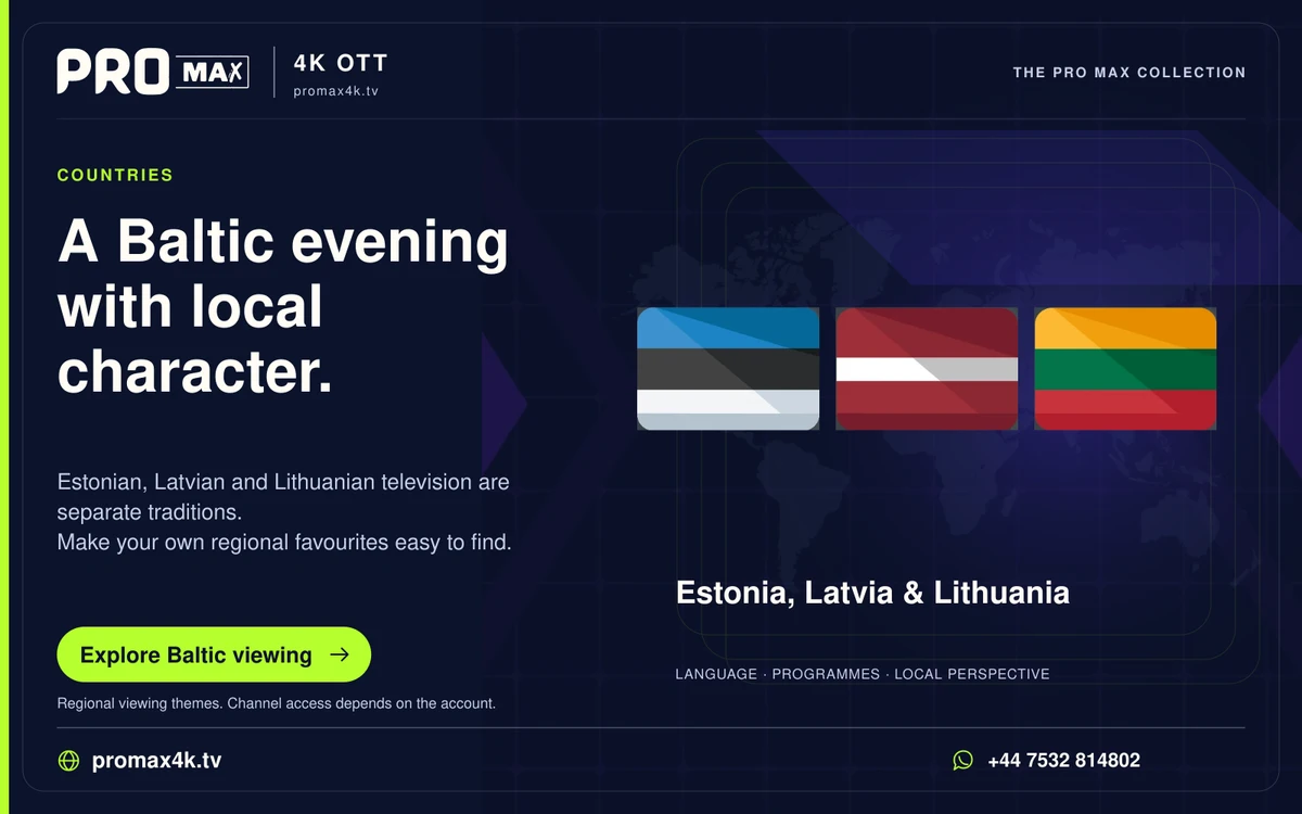 Estonia, Latvia and Lithuania flags against a world-map background in a Pro Max regional television card.