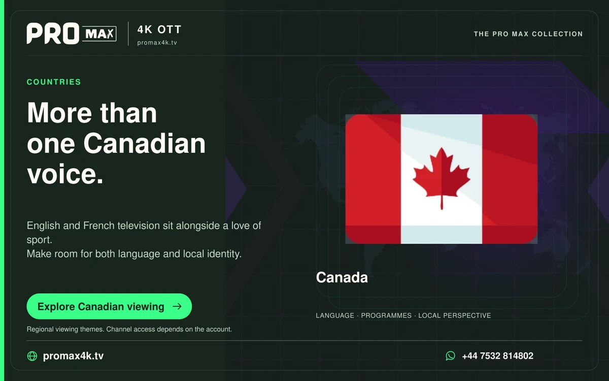 Canada flag against a world-map background in a Pro Max regional television card.