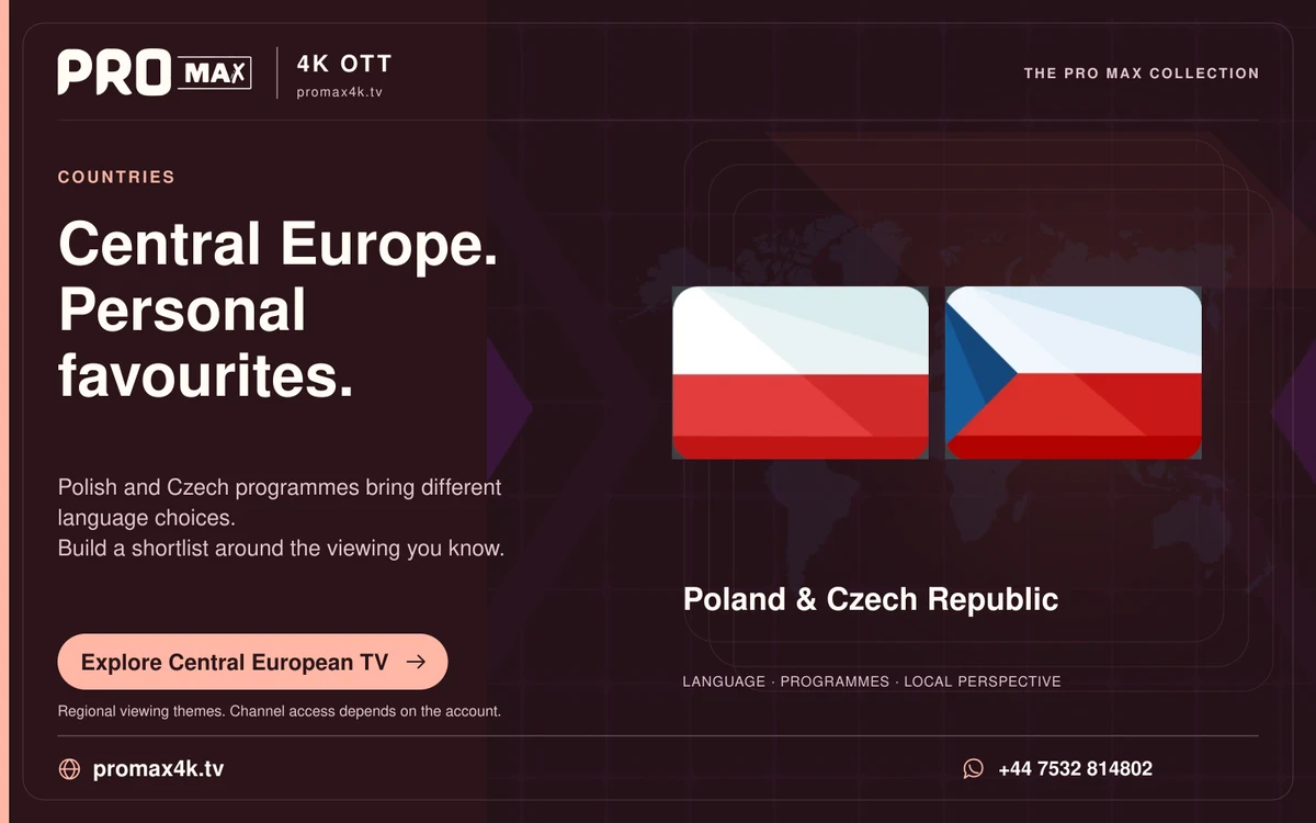 Poland and Czech Republic flags against a world-map background in a Pro Max regional television card.