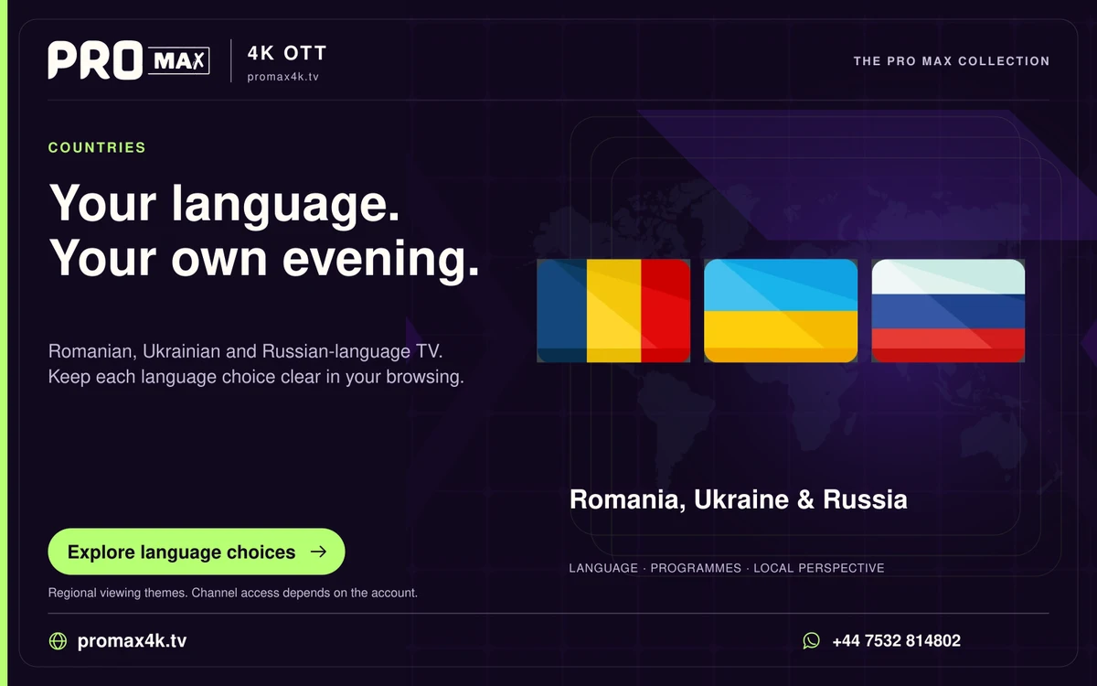 Romania, Ukraine and Russia flags against a world-map background in a Pro Max regional television card.