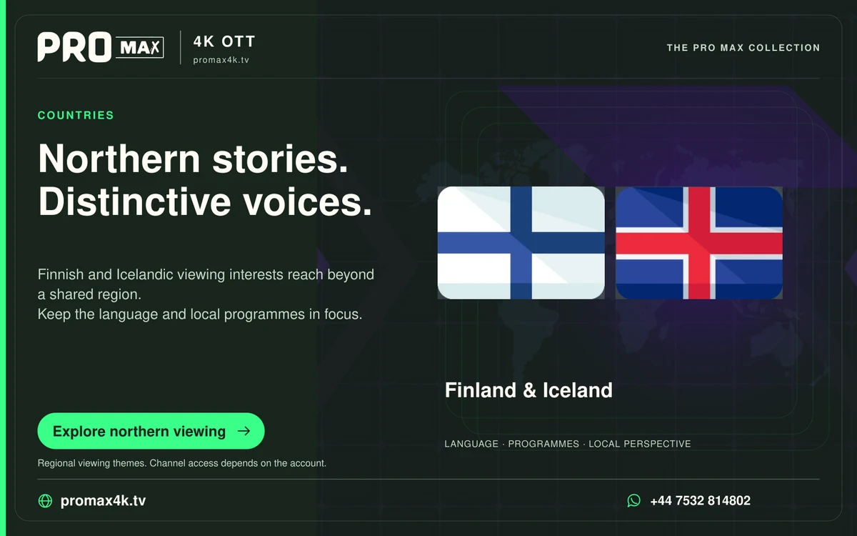 Finland and Iceland flags against a world-map background in a Pro Max regional television card.