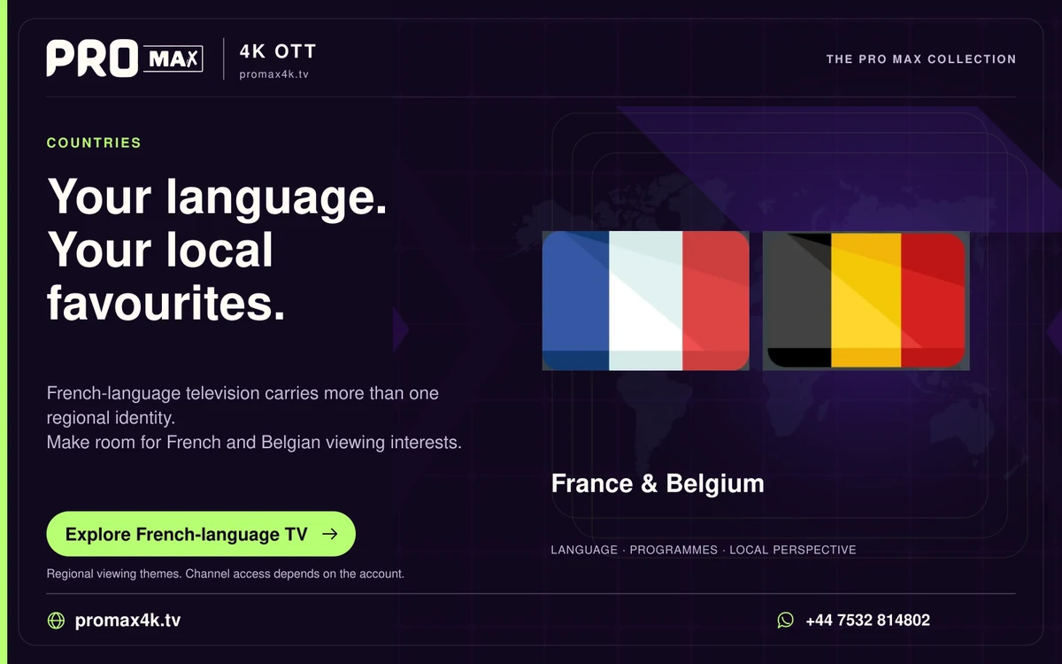 France and Belgium flags against a world-map background in a Pro Max regional television card.
