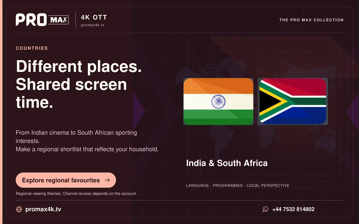 India and South Africa flags against a world-map background in a Pro Max regional television card.