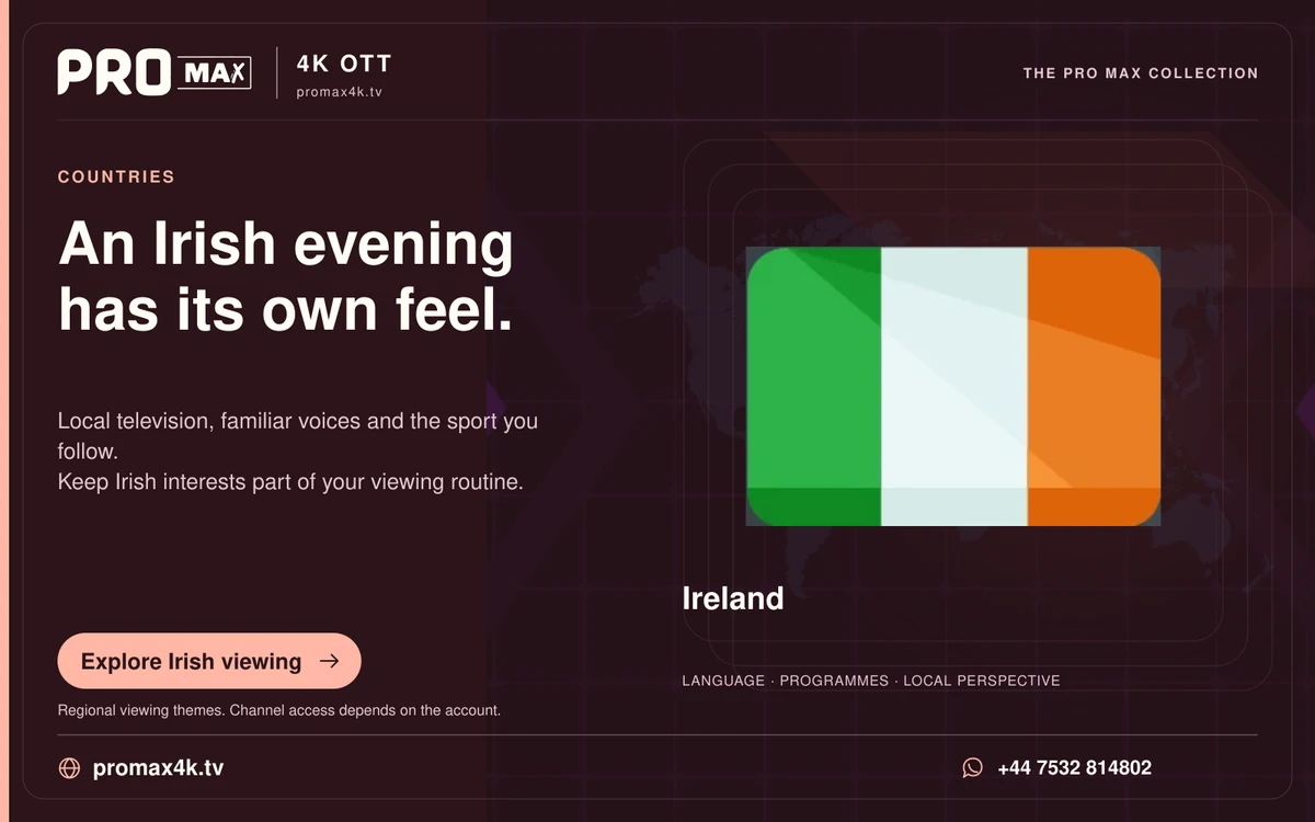 Ireland flag against a world-map background in a Pro Max regional television card.