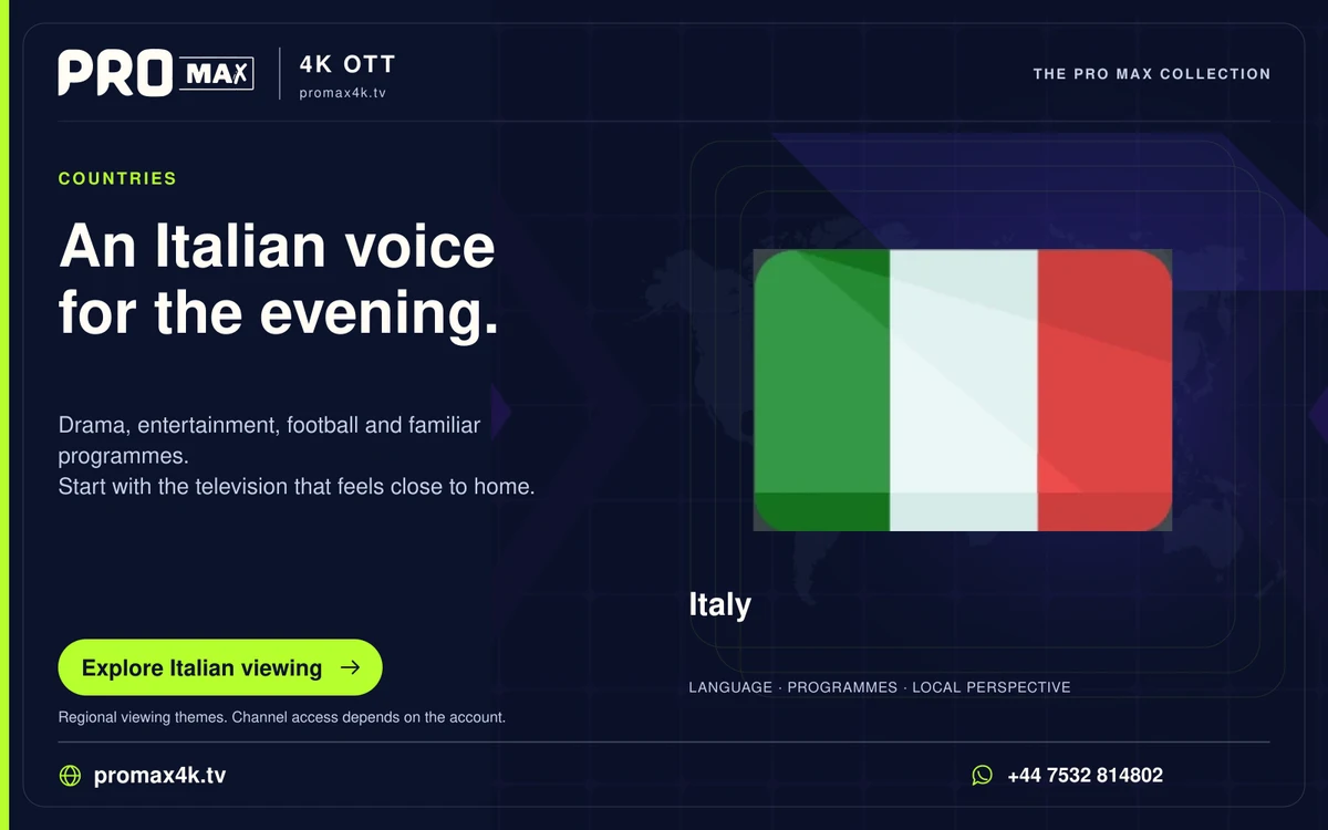 Italy flag against a world-map background in a Pro Max regional television card.