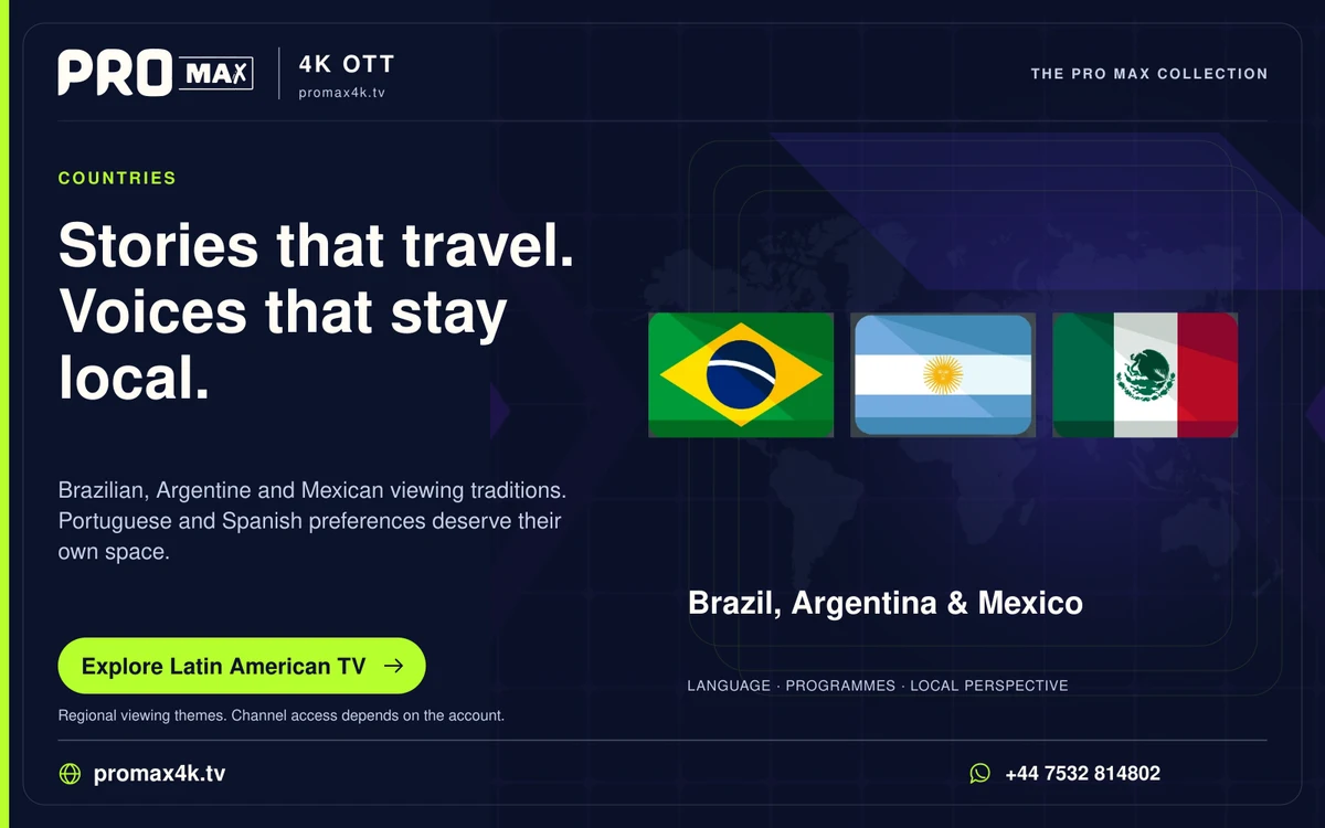 Brazil, Argentina and Mexico flags against a world-map background in a Pro Max regional television card.