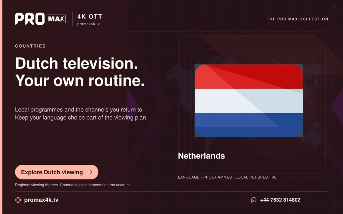Netherlands flag against a world-map background in a Pro Max regional television card.