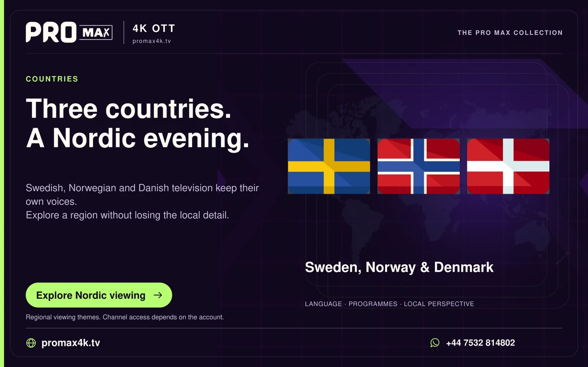 Sweden, Norway and Denmark flags against a world-map background in a Pro Max regional television card.