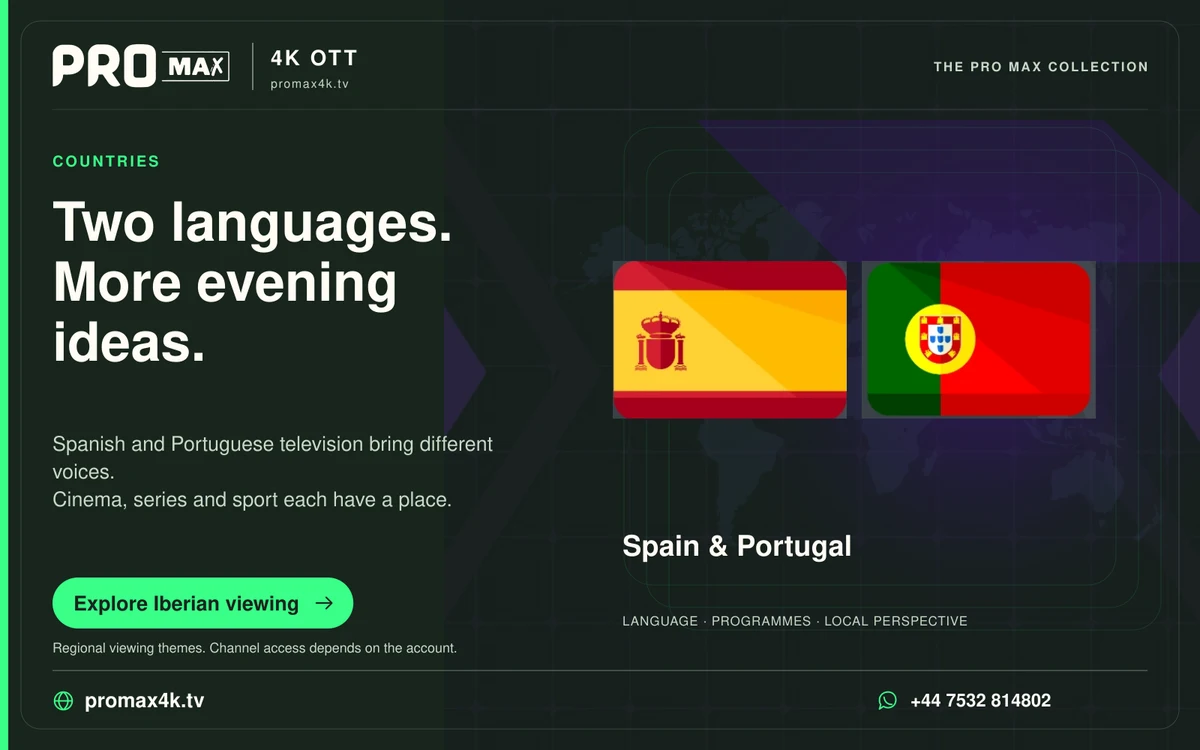 Spain and Portugal flags against a world-map background in a Pro Max regional television card.