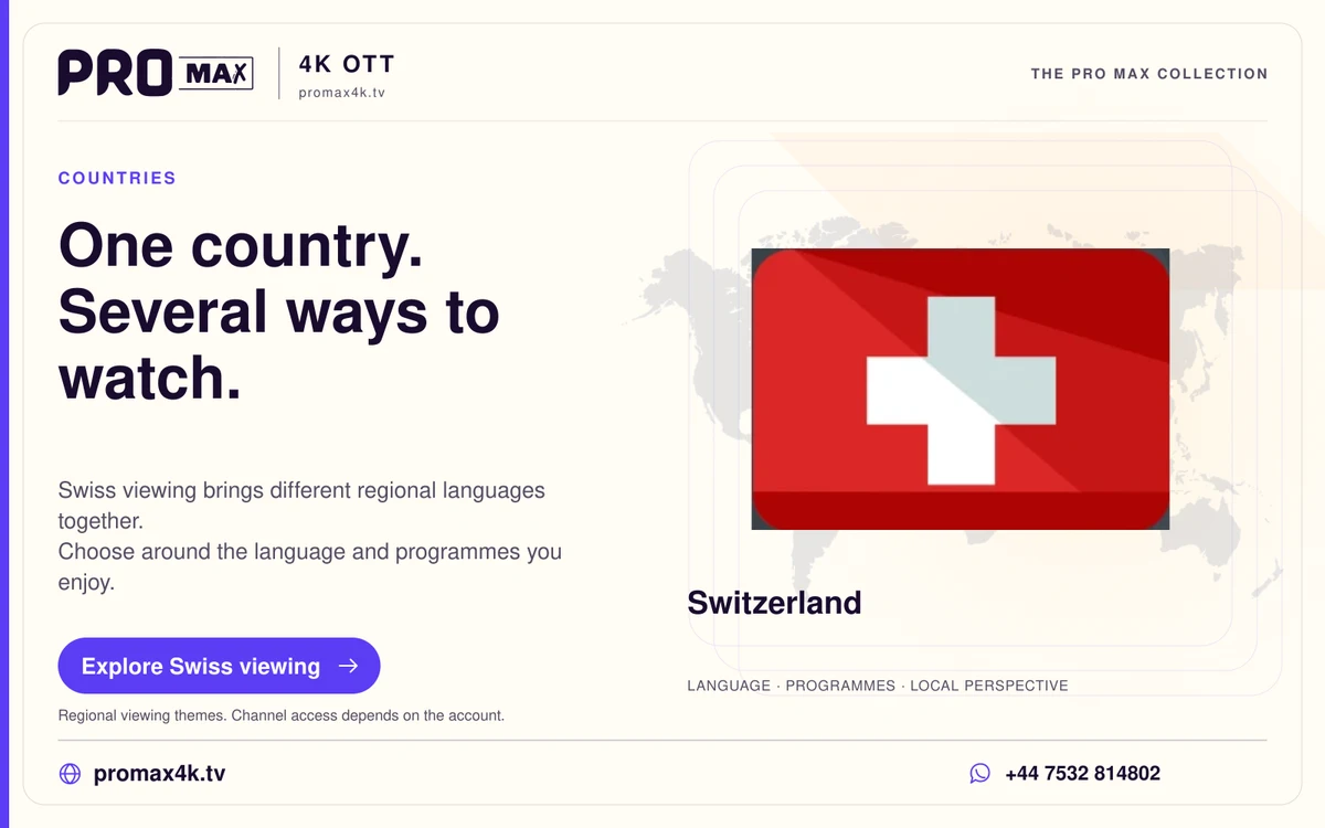 Switzerland flag against a world-map background in a Pro Max regional television card.