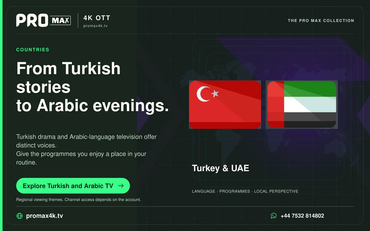 Turkey and UAE flags against a world-map background in a Pro Max regional television card.