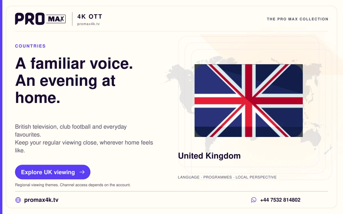 United Kingdom flag against a world-map background in a Pro Max regional television card.