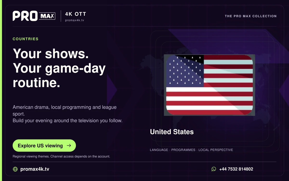 United States flag against a world-map background in a Pro Max regional television card.