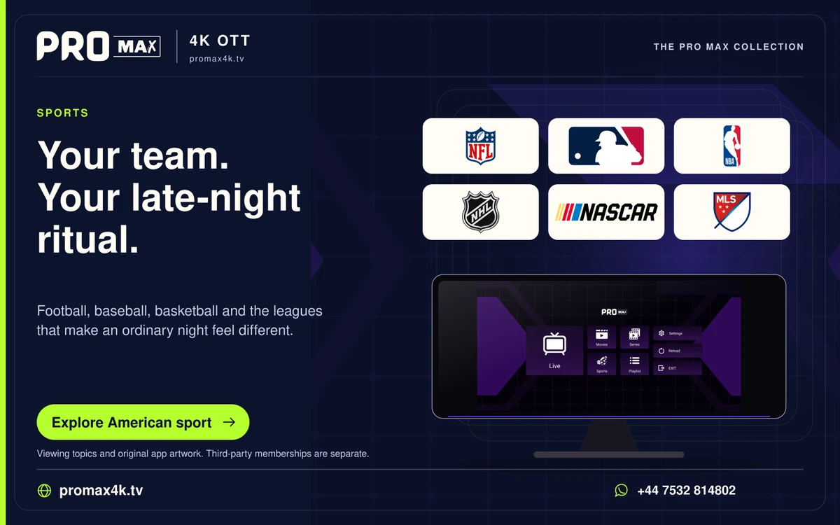 NFL, MLB, NBA, NHL, NASCAR and MLS logos above the Pro Max player.