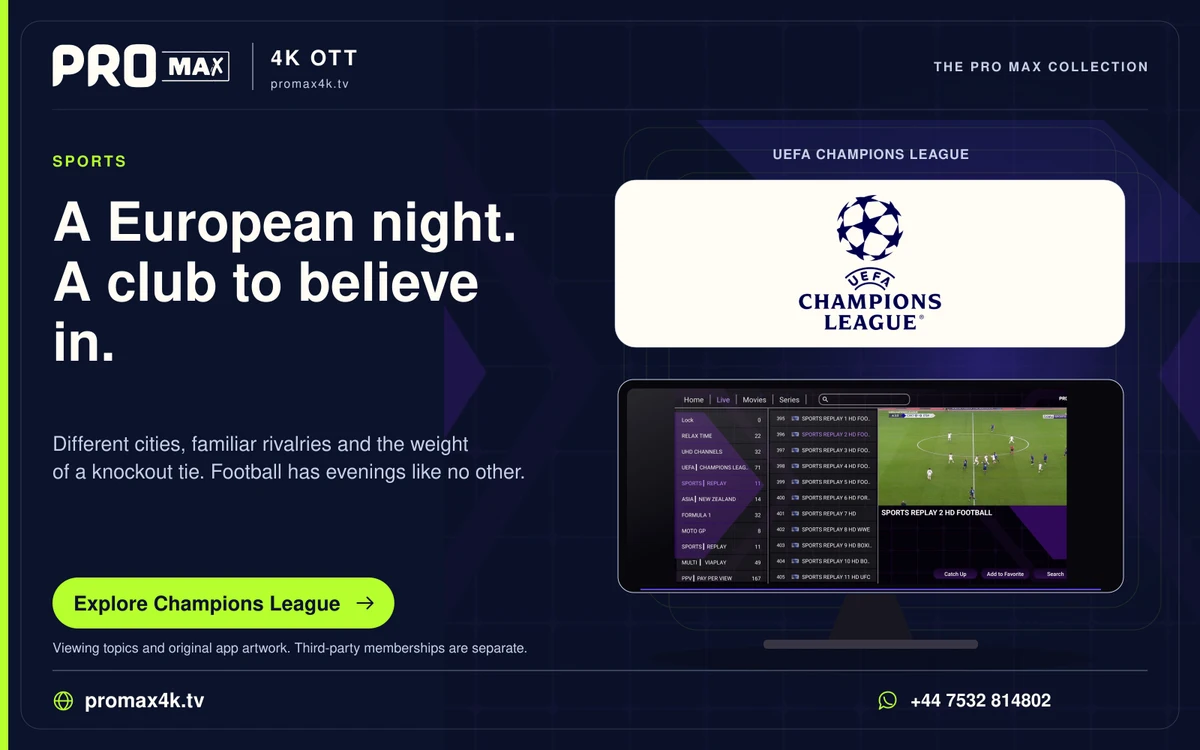 UEFA Champions League starball logo above a Pro Max live television screen.