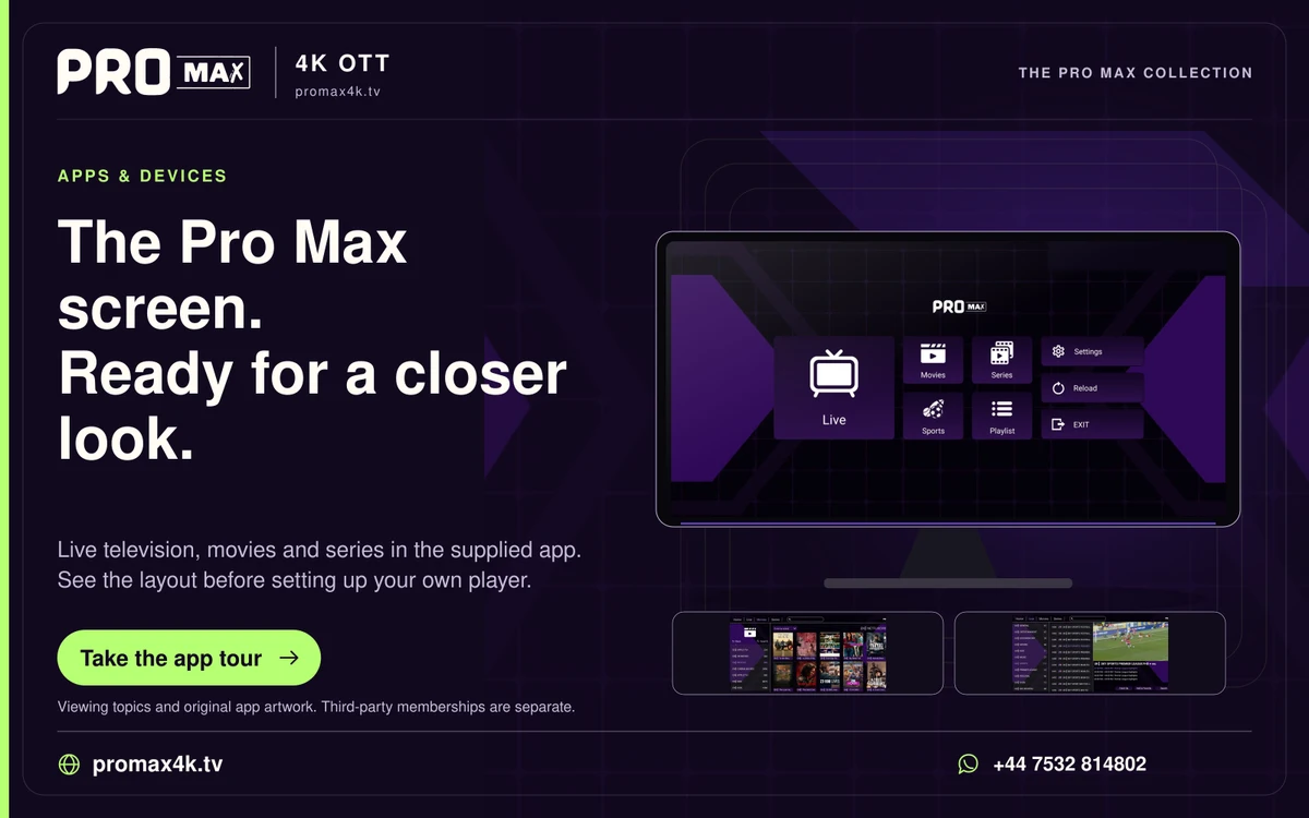 Pro Max home screen on a television with two smaller movie and live television previews.