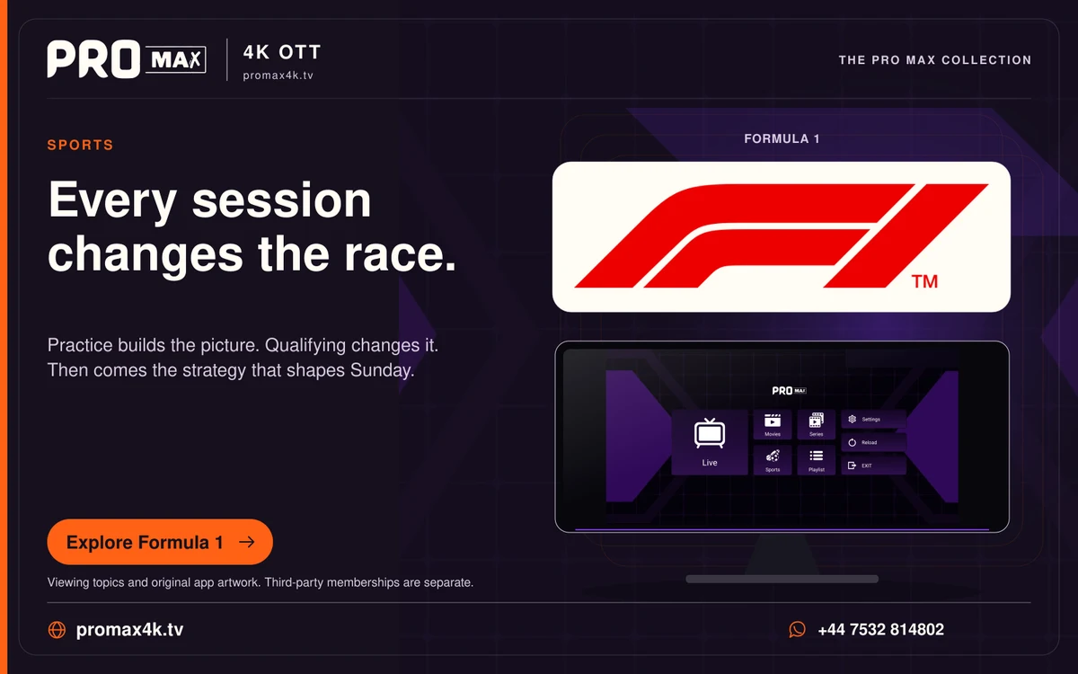 Formula 1 logo above the purple Pro Max home screen in a race-weekend card.