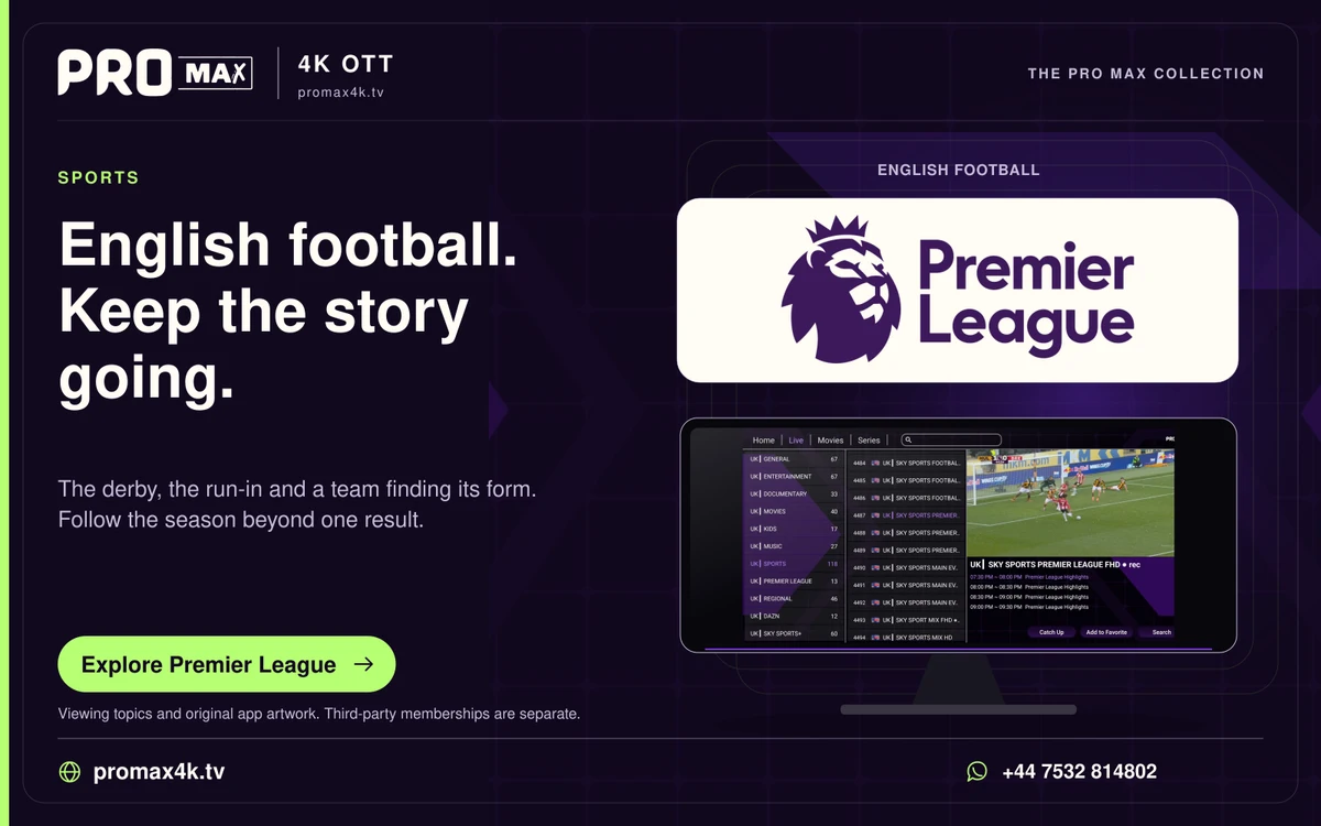 Premier League lion logo above a Pro Max live football channel screen.