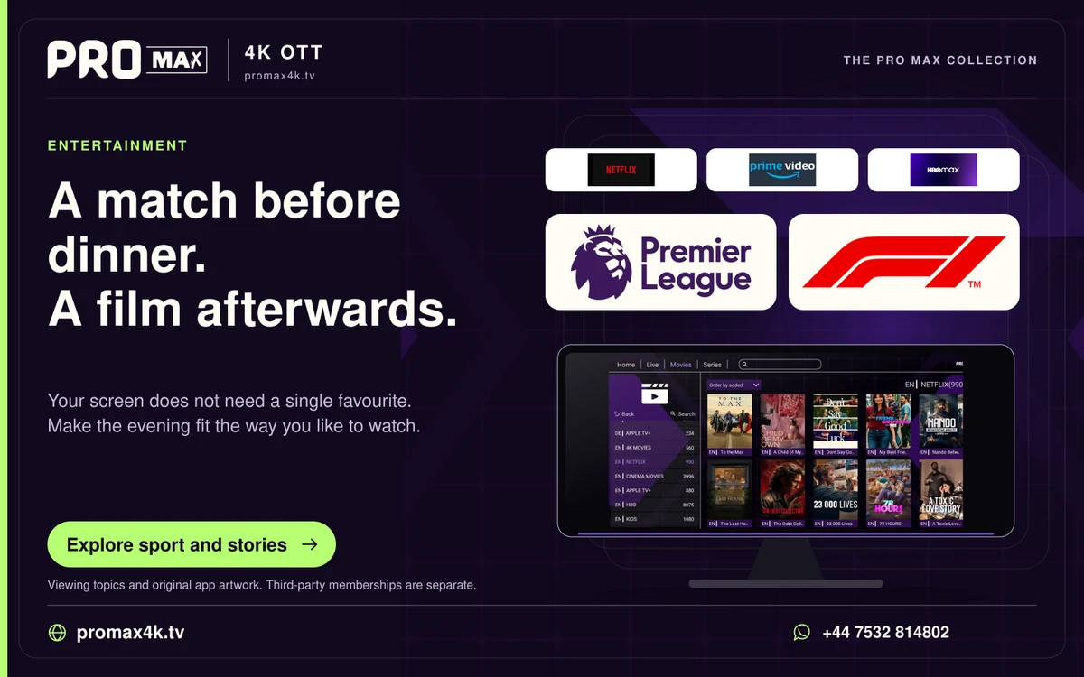 Premier League and Formula 1 logos, streaming brand logos and the supplied Pro Max movie interface.