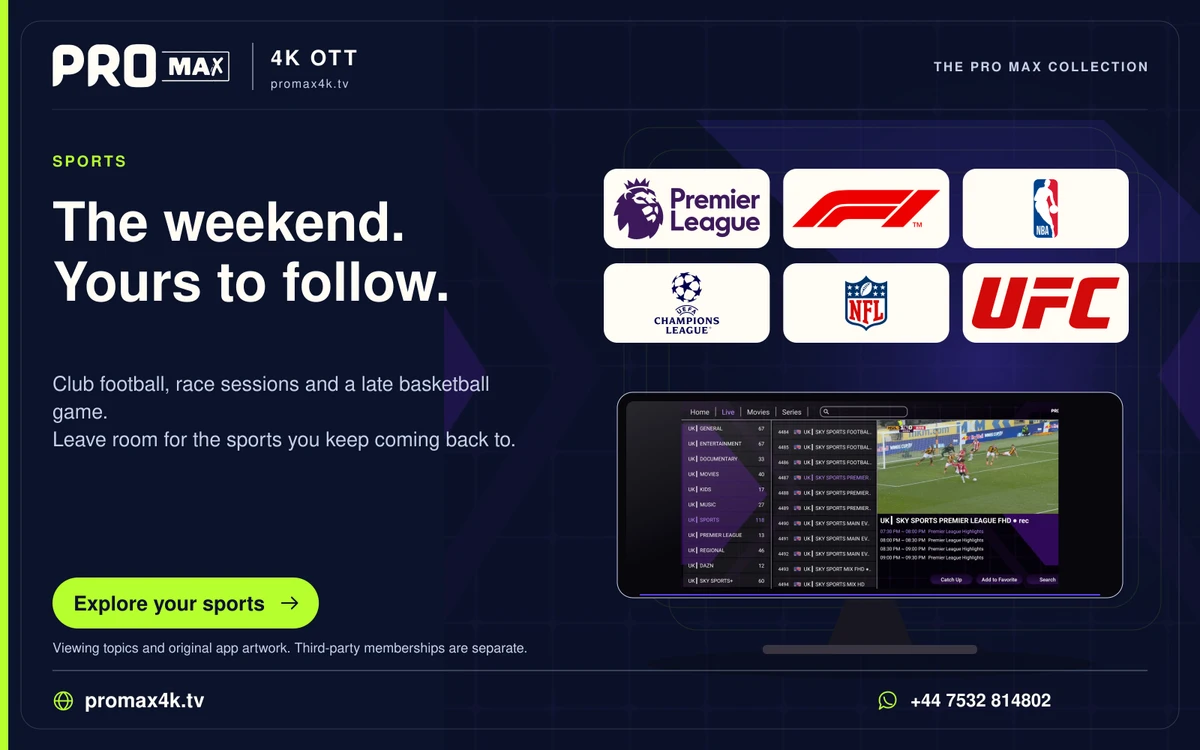 Premier League, Formula 1, NBA, Champions League, NFL and UFC logos above the Pro Max sports interface.