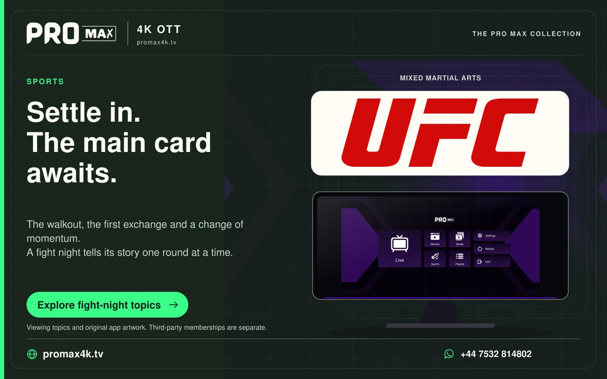 UFC logo above the Pro Max home screen in a green fight-night card.