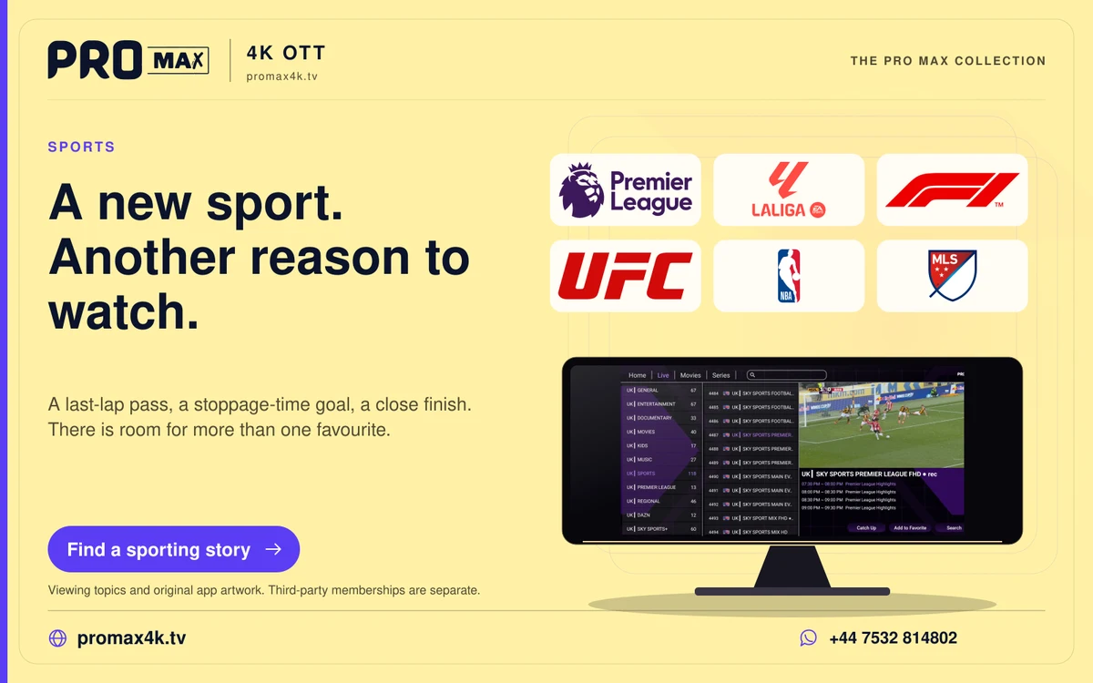 Premier League, LaLiga, Formula 1, UFC, NBA and MLS logos in a yellow Pro Max sports card.