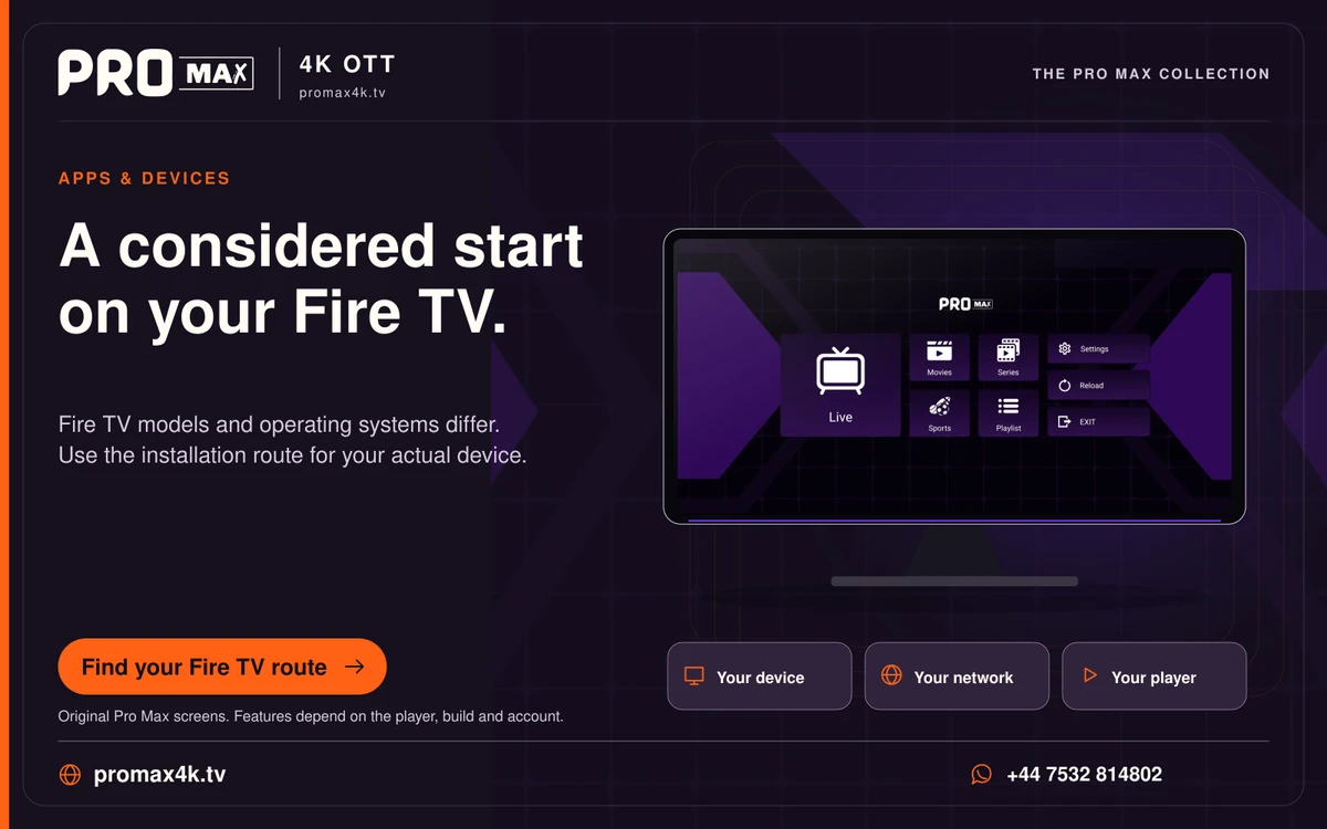 Pro Max player preview in a Fire TV setup guide, with a device preparation checklist.
