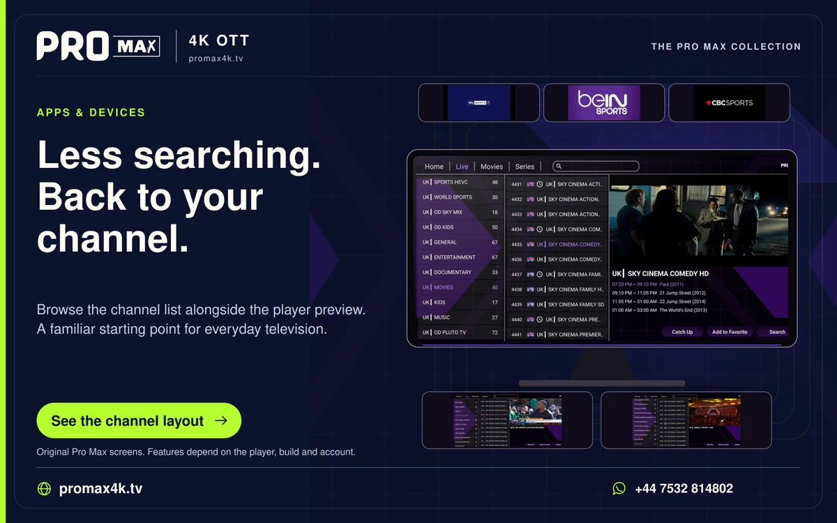 Pro Max live channel navigation with a programme preview and broadcaster logos.