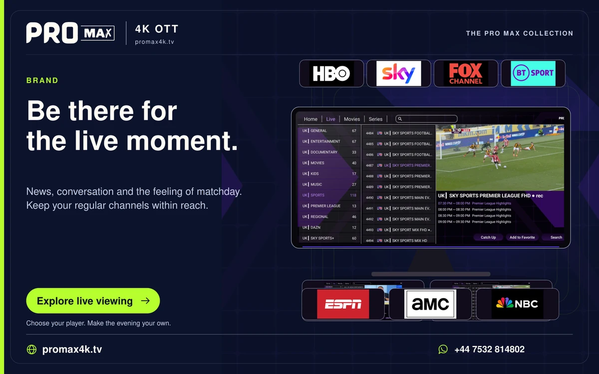 Pro Max live television interface showing a channel list and football preview, surrounded by channel logos.