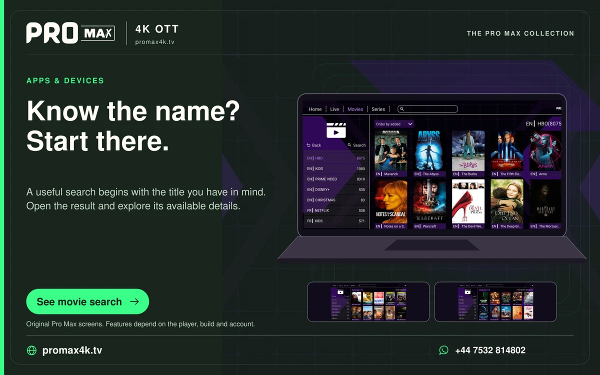 Pro Max movie search interface with a film artwork preview.