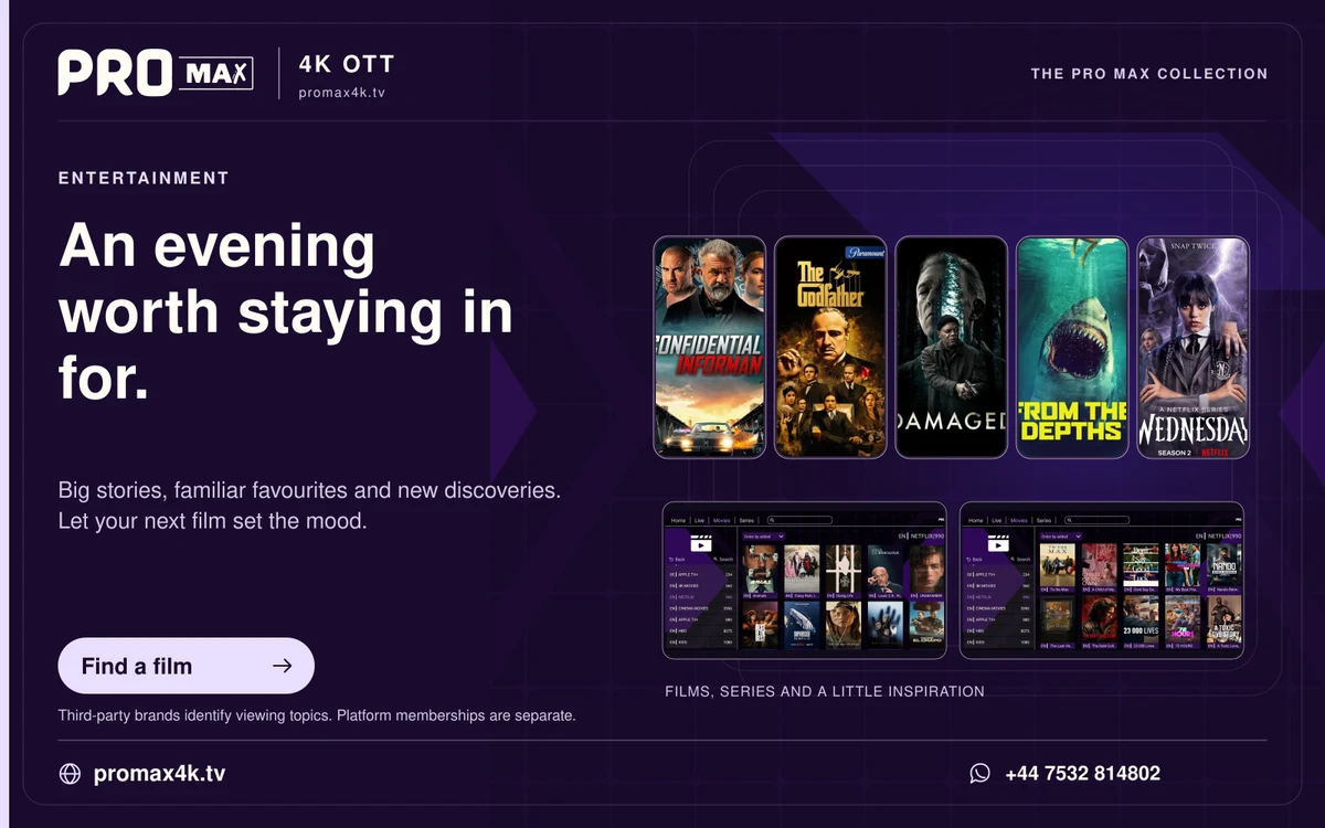 A selection of film posters above the Pro Max movie browsing screen.