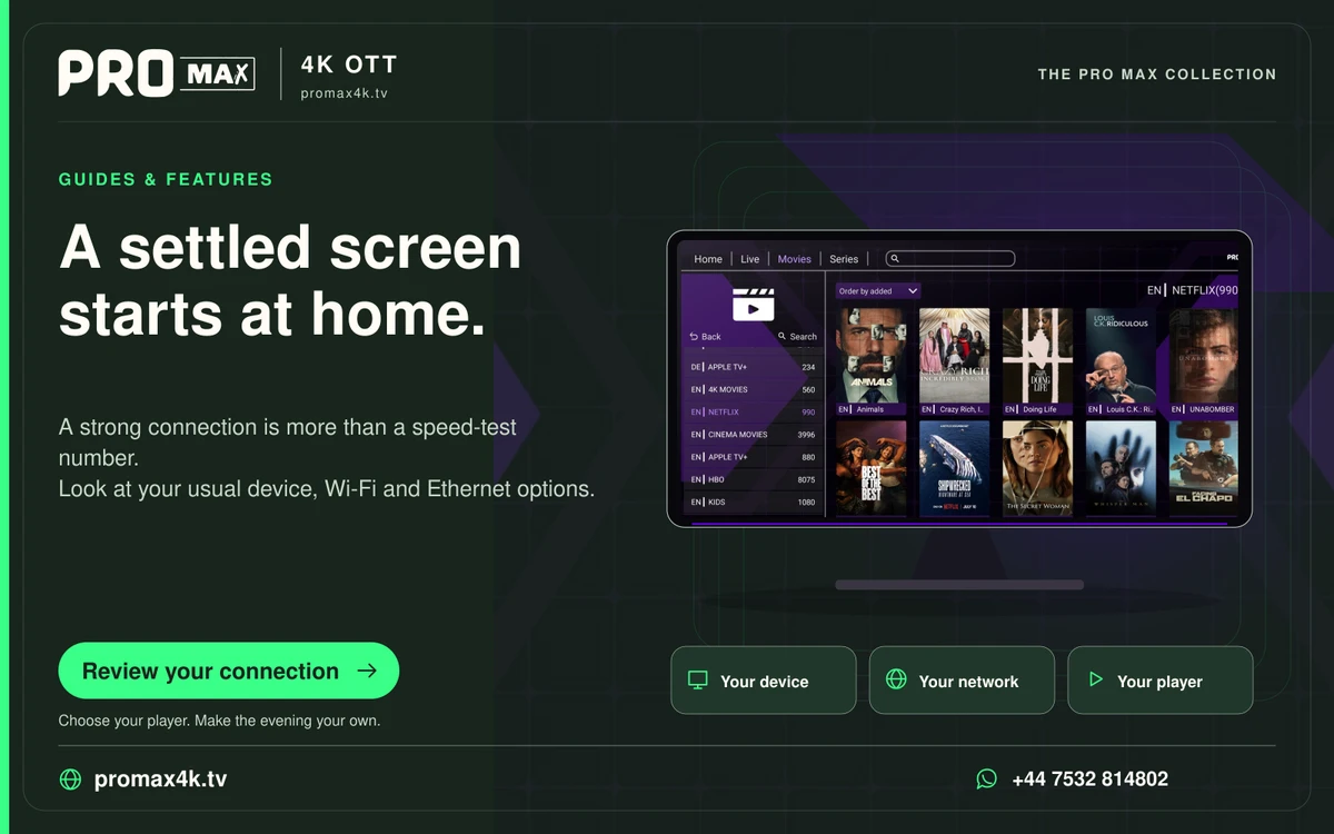 Pro Max browsing screen above device, network and player prompts for a home streaming setup.
