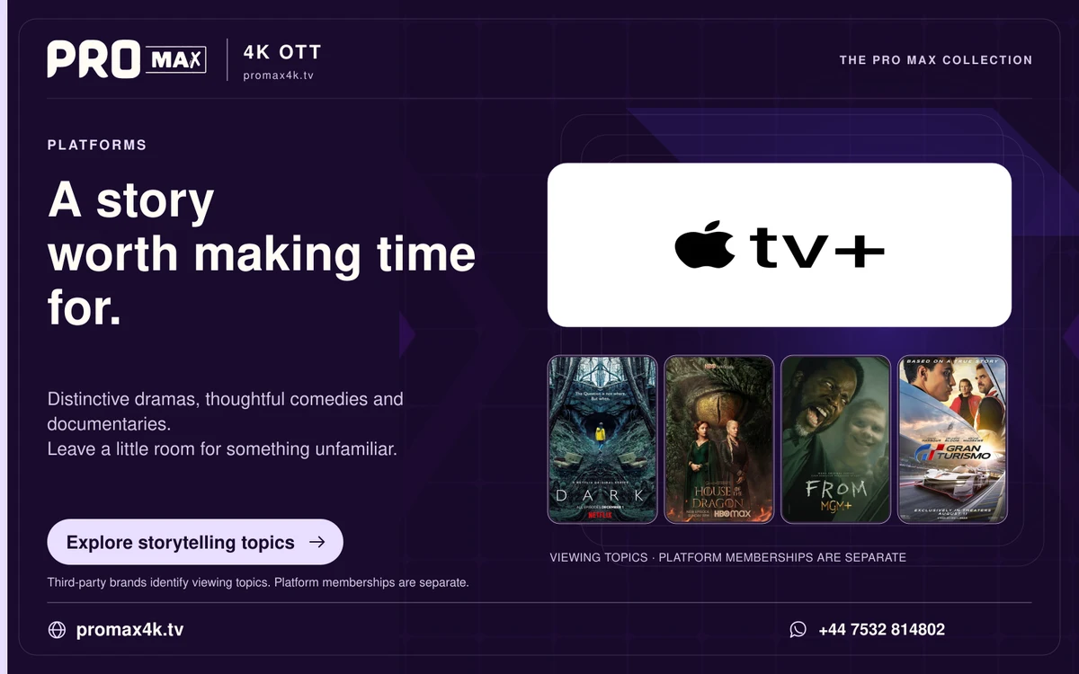 Apple TV+ logo above supplied entertainment artwork in a purple Pro Max storytelling card.