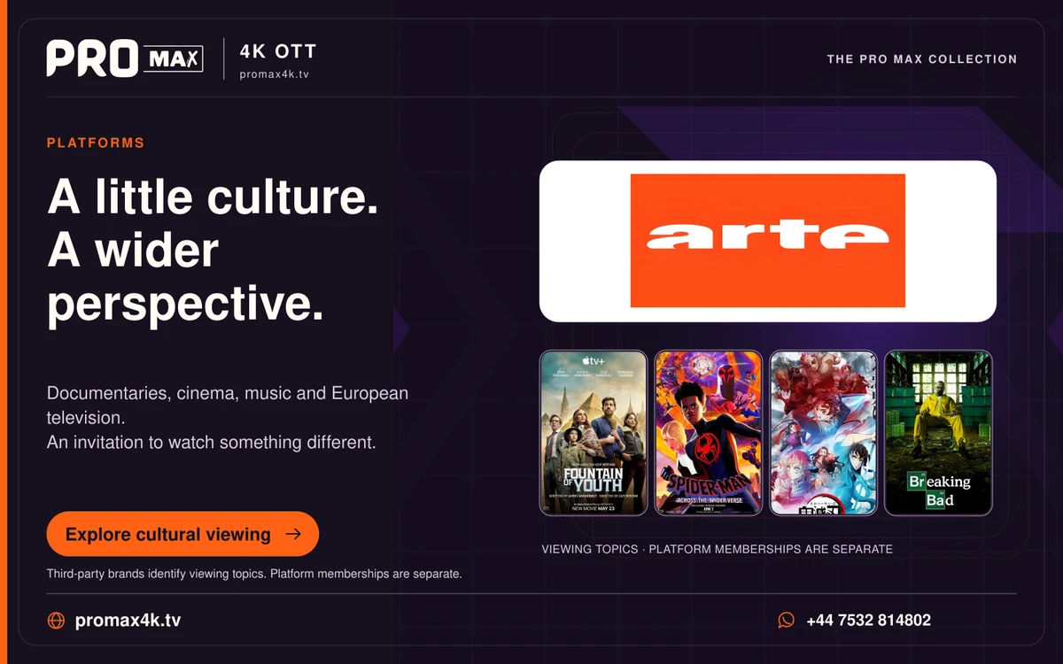 ARTE logo and cultural viewing artwork in a Pro Max entertainment card.