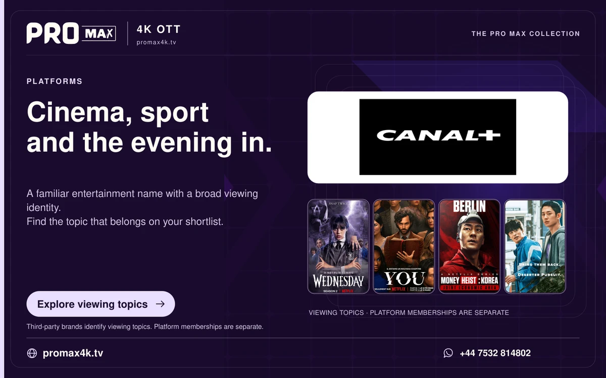 CANAL+ logo above a row of supplied film and series posters in the purple Pro Max theme.