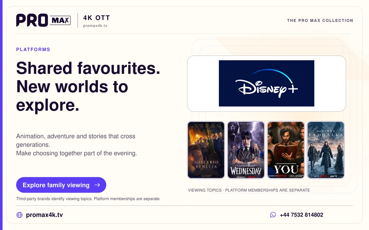 Disney+ logo and entertainment posters in a cream Pro Max family viewing card.