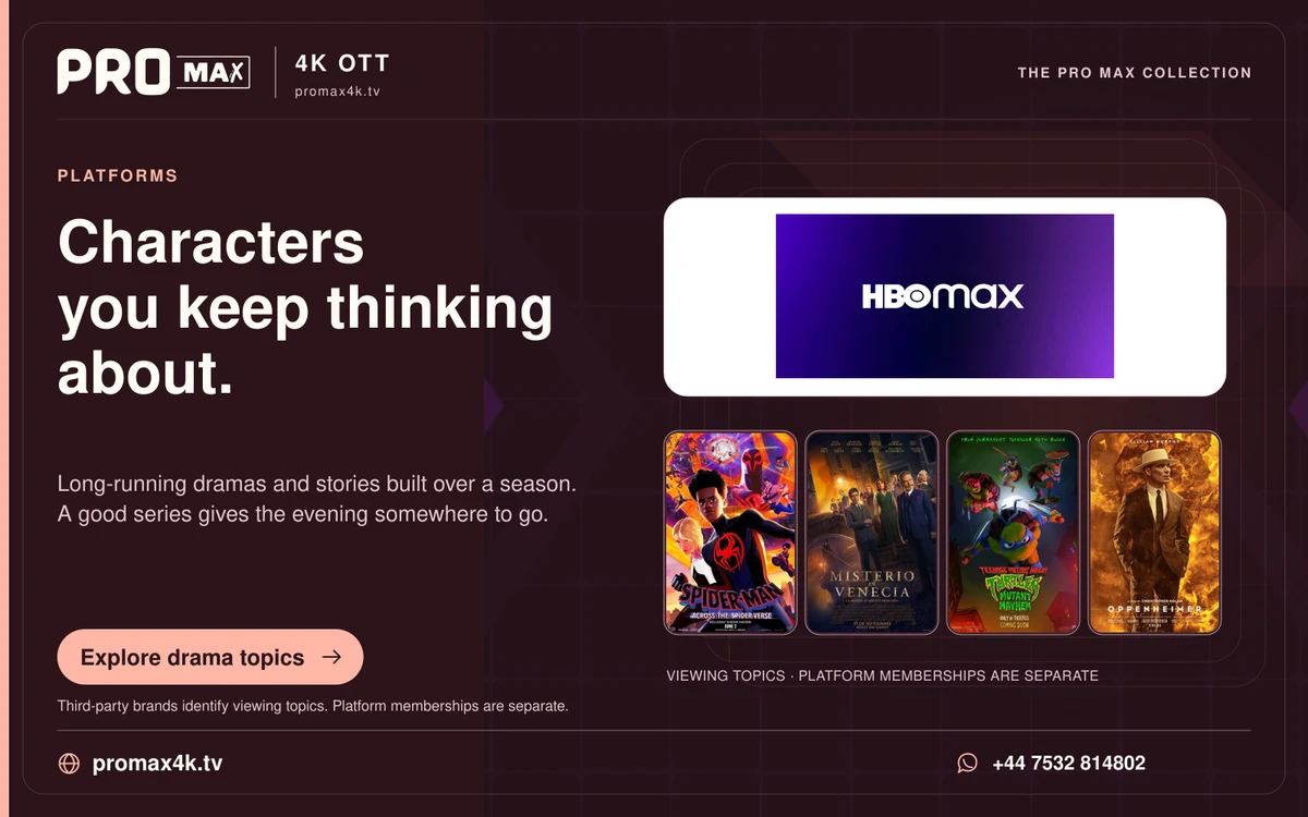HBO Max logo and drama poster artwork in a burgundy Pro Max card.